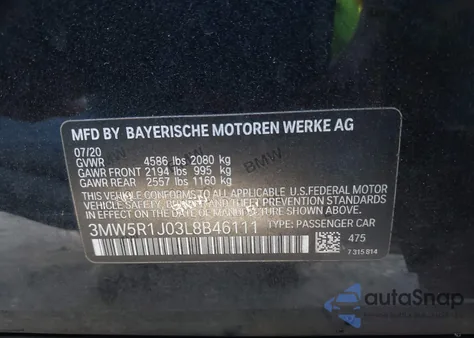 2020 BMW 330I z USA, uszkodzony, nr VIN 3MW5R1J03L8B46111